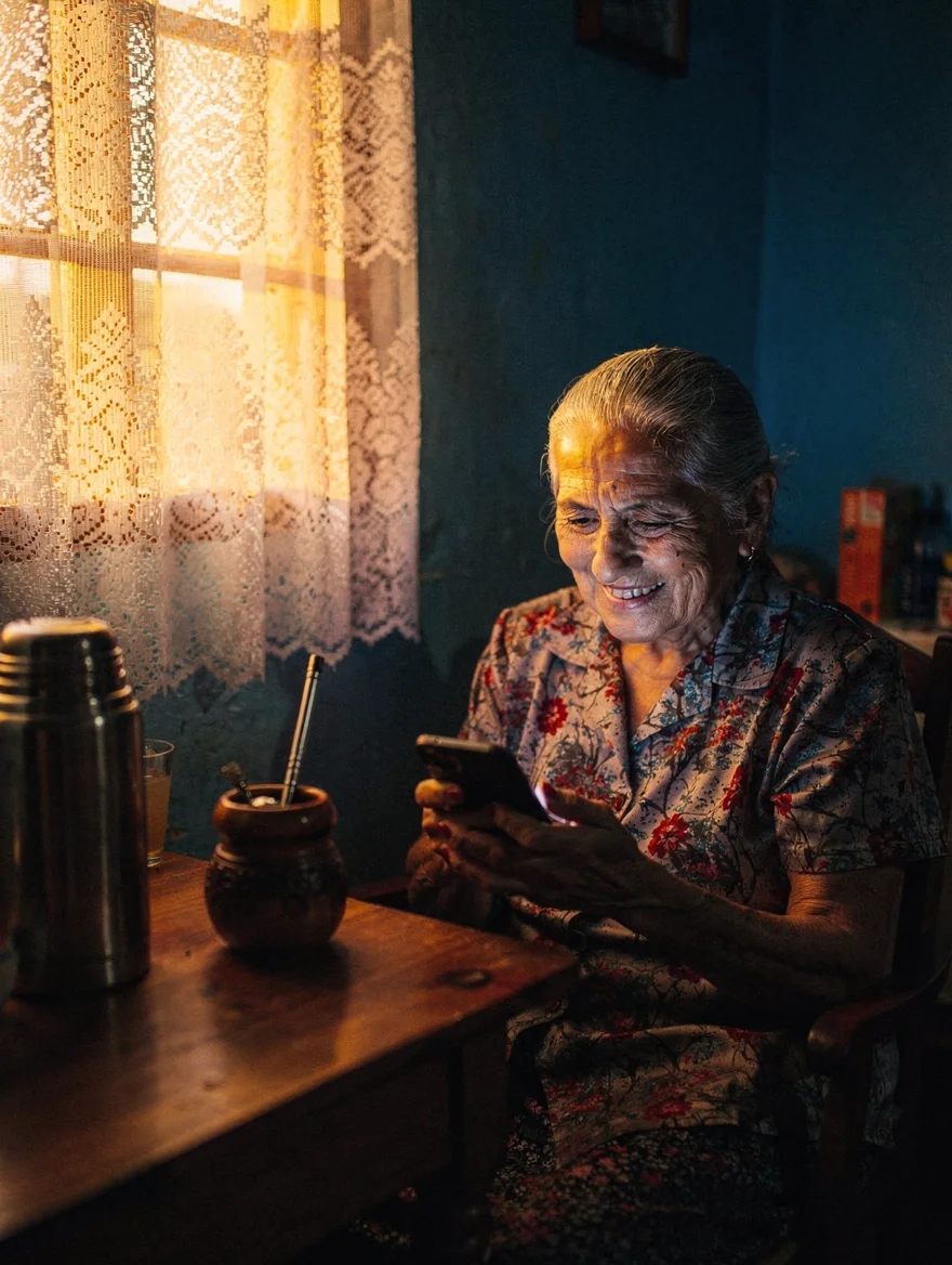 Abuela en Paraguay sonriendo mientras lee un mensaje en su celular, con el tereré al lado